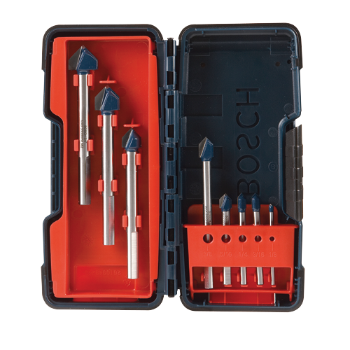 Bosch drill bit set with the text "BOSCH", "MAX 2000RPM 882", "3/8", "5/16", "1/4", "3/16", "1/8", "2610949243".