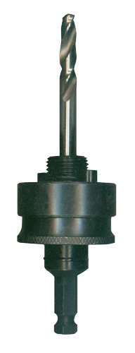 Drill bit, dark metal, with threaded and hexagonal components.