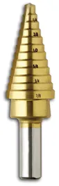 Step drill bit with visible markings: 1/4, 3/8, 1/2, 5/8, 3/4, 7/8.