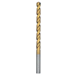 Drill bit with a gold and silver finish and a spiral pattern.