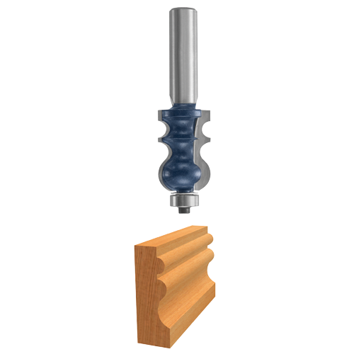 Bosch router bit above a piece of wood with a carved edge.