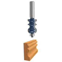 Bosch router bit above a piece of wood with a carved edge.