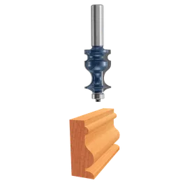 Bosch router bit with molding profile, positioned above a piece of wood with a matching profile.