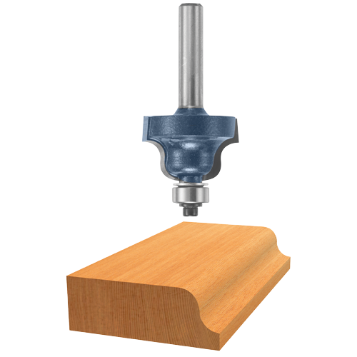 Bosch router bit over wooden board, the bit has a dark blue head, steel shaft, and ball bearing.
