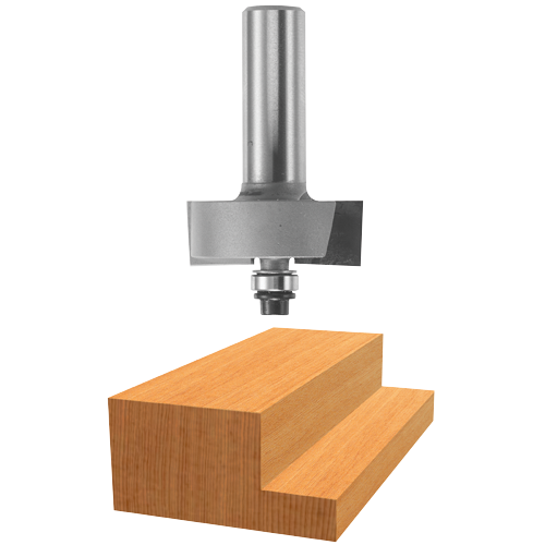Bosch Router bit above a stepped piece of wood.
