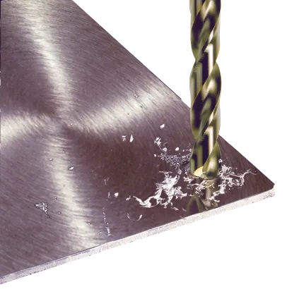 Drill bit drilling a hole in a metal plate.