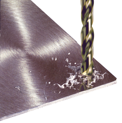 Drill bit drilling a hole in a metal plate.