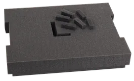 Dark gray foam insert with cutouts and small rectangular foam pieces.