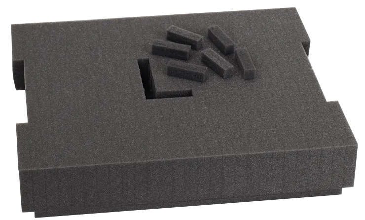 Dark gray foam insert with six small foam pieces.