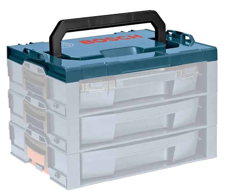 Bosch stackable tool storage system with handle and "BOSCH" logo.