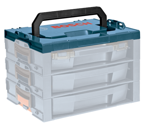 Bosch stackable tool storage system with handle and "BOSCH" logo.