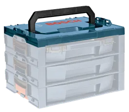Bosch stackable tool storage system with handle and "BOSCH" logo.