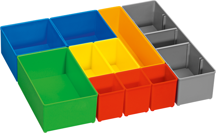 Assortment of colorful open storage bins.