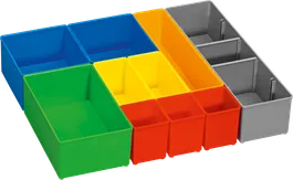 Assortment of colorful open storage bins.