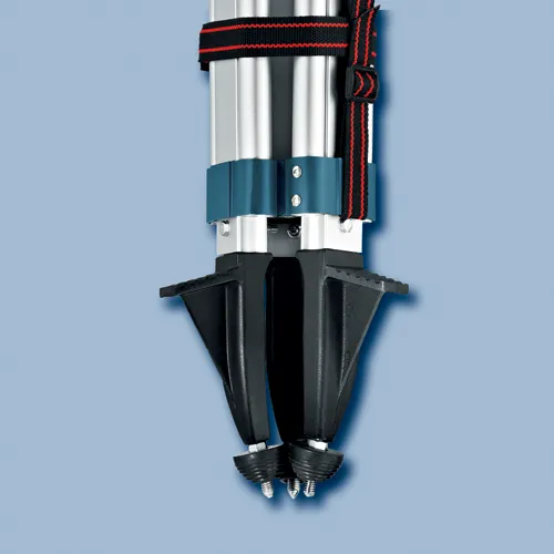 Tripod base with black legs, blue and silver support, and red/black strap.