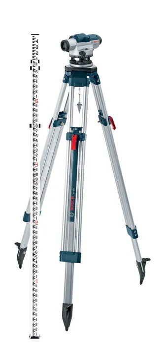 Bosch BT 160 tripod with leveling staff and leveling device.