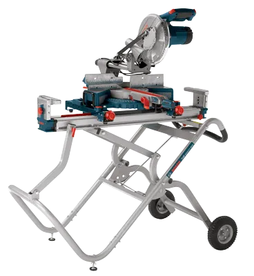 Support de scie à onglet Bosch T4B GRAVITY RISE avec roues et scie à onglet.