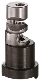 Composant métallique cylindrique avec ouvertures centrales et évidements usinés.