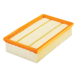 Filtre à air Bosch, rectangulaire avec cadre jaune et orange et plis filtrants internes.