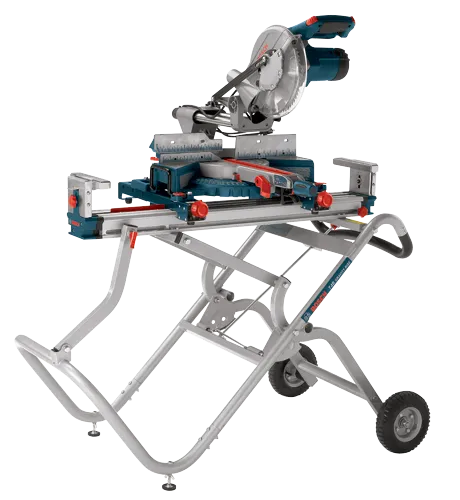 Scie à onglets Bosch sur support, avec la marque Bosch T4B Gravity Rise visible.