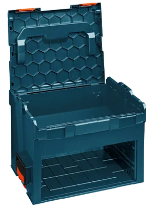 Boîte de rangement Bosch de couleur sarcelle, avec des touches d'orange, couvercle ouvert et étagère.