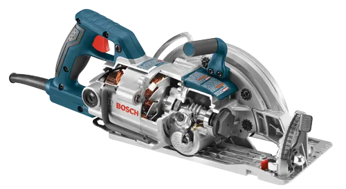 Scie circulaire Bosch avec composants internes visibles et logo "BOSCH".