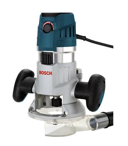 Routeur Bosch avec texte "BOSCH" visible et molette de réglage de la vitesse.