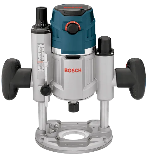Routeur Bosch, avec logo "BOSCH" visible, échelle de réglage de la profondeur en pouces et en millimètres.