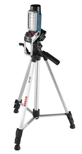 Projecteur de travail Bosch Lithium-Ion sur trépied, avec texte visible "BOSCH", "BS 150".