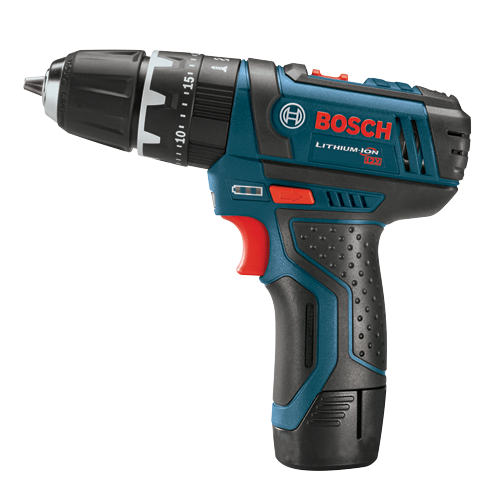 Perceuse Bosch Lithium-Ion 12V, noire et bleue avec une gâchette rouge.
