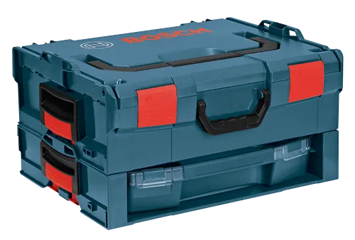 BOSCH, conteneur de stockage en deux parties, vert foncé, avec loquets et poignées rouges.