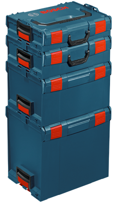 Boîtes de rangement empilables Bosch bleues avec des touches de rouge et des poignées et fermetures noires, avec le logo "BOSCH".
