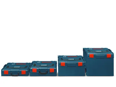 Boîtes de rangement bleues Bosch de différentes tailles, avec "BOSCH" imprimé sur chaque couvercle.