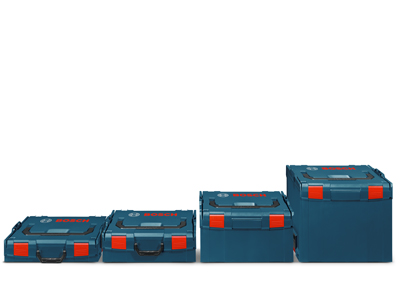 Boîtes de rangement bleues Bosch de différentes tailles, avec "BOSCH" imprimé sur chaque couvercle.