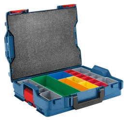 Boîte L-Box bleue avec plusieurs compartiments de rangement colorés et poignée noire.