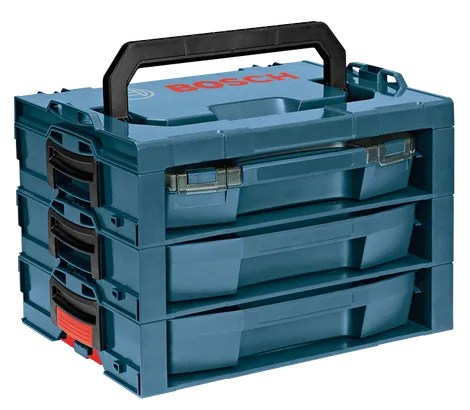 Système de rangement d'outils Bosch avec compartiments empilables et poignée.
