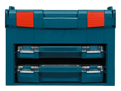 Boîte de rangement bleue Bosch avec inscription "BOSCH" et fermoirs orange.