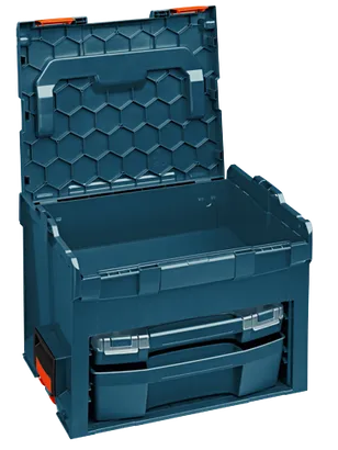 Boîte à outils en plastique bleue et orange avec couvercle ouvert et tiroir.