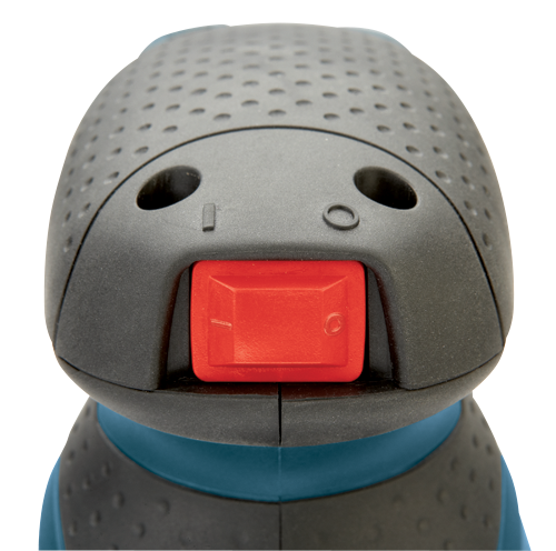 Bouton d'alimentation rouge sur le corps de l'outil gris et bleu.