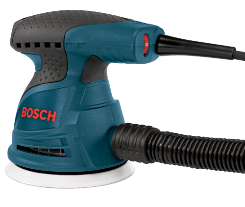 Ponceuse Bosch avec logo "BOSCH" rouge et un tuyau noir. Le cadran rouge est réglé sur "6".