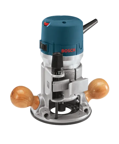 Routeur à base fixe Bosch RA1161. Comporte le texte visible "BOSCH", "1/64", "0-1.5mm (1/16")".