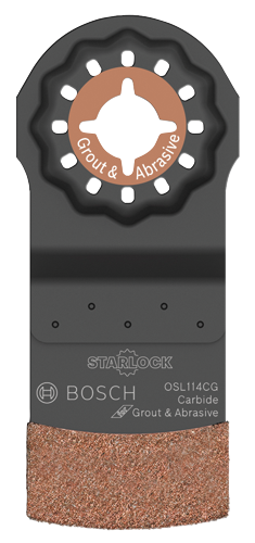 Lame pour outil multifonction oscillant Bosch, avec texte 'Joints & Abrasif', 'Starlock', et modèle OSL114CG Carbure.