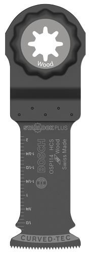Lame Bosch OSP114 HCS Wood STARLOCK PLUS, Swiss Made, CURVED-TEC, avec mesures.