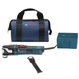 Bosch GOP55-36 outil multifonction avec lame, coffret et sac de rangement ; texte BOSCH sur le sac et le coffret.