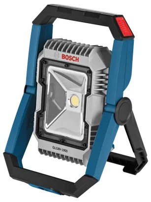 Projecteur de travail LED Bosch avec cadre bleu et noir, logo Bosch visible.