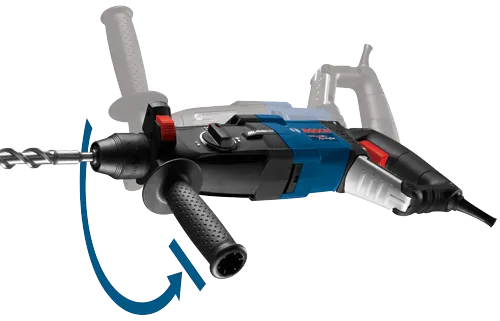Voici la traduction:

Perforateur rotatif Bosch BULLDOG XtremeMax avec un boîtier bleu et noir. Texte visible : Vibration Control, SDS plus.