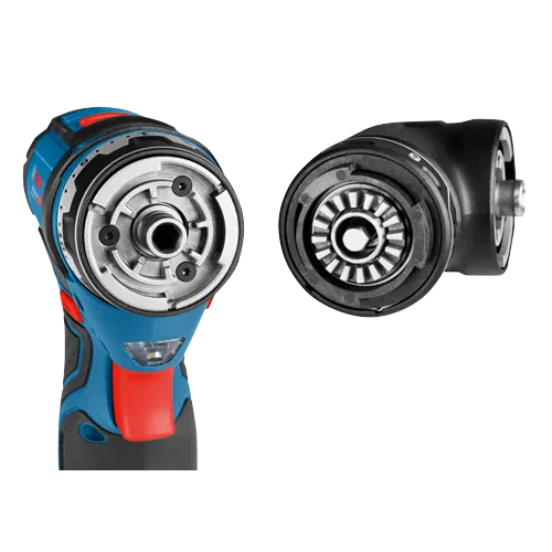 Perceuse sans fil Bosch et son adaptateur angulaire sont visibles.