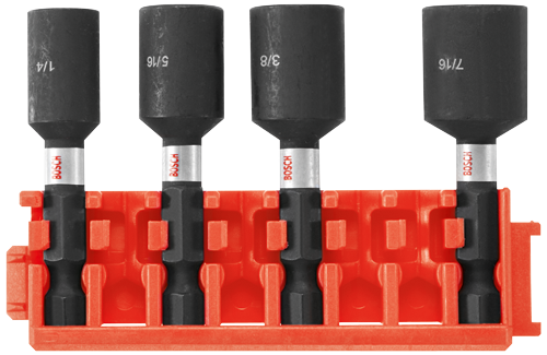 Bosch clés à douille 1/4, 5/16, 3/8 et 7/16 dans un support orange.