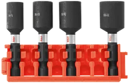 Bosch clés à douille 1/4, 5/16, 3/8 et 7/16 dans un support orange.