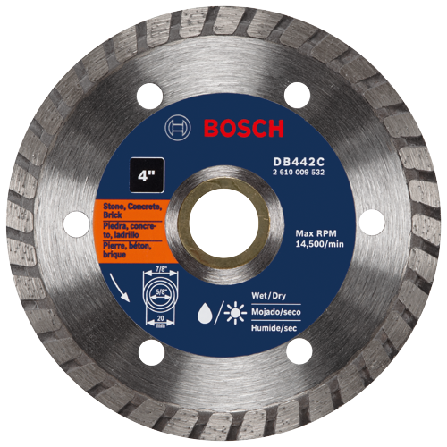 Lame circulaire Bosch 4" DB442C, pour pierre, béton et brique, avec régime maximal de 14 500 tr/min.